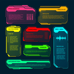 Poster - Futuristic HUD or UI elements. Sci-fi user interface text boxes, callouts. Colorful warning message frame, information boxes template. Modern game interface layout, digital style. Vector illustration