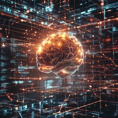 Aufkleber - Electric Brain Model in a Futuristic Digital Landscape Showcasing Neural Connections and Data Flow With Glowing Pathways