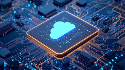 Aufkleber - Cloud Computing Symbol on a Circuit Board Background With Glowing Blue Lights and Intricate Electronic Components