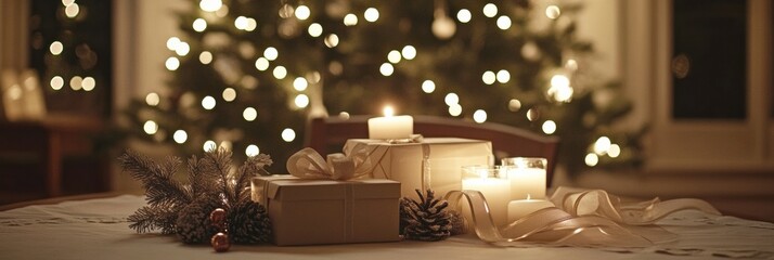 Aufkleber - Gift boxes and candles adorn a cozy table setting for the holiday season celebration. Generative AI