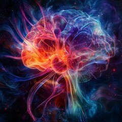 Poster - Brightly Colored Abstract Representation of a Brain With Vibrant Energy Patterns Against a Dark Cosmic Background