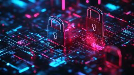 Aufkleber - Digital Locks Securing Data in a Futuristic Cyber Environment Filled With Vibrant Neon Colors and Intricate Circuitry Patterns
