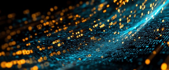 Aufkleber - Digital Data Stream Flowing Through a Virtual Space Illuminated by Glowing Binary Code at Night