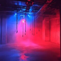 Poster - Vibrant Light Installation in Abandoned Warehouse With Colorful Fog and Hanging Cables Creating an Atmospheric Setting