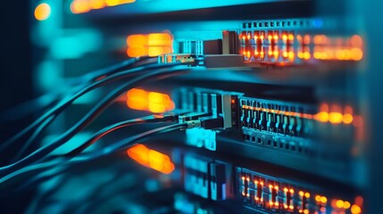 Aufkleber - Network Cables and Data Transmission Lights Illuminating a Server Rack in a Data Center at Night With High-Tech Atmosphere