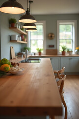 Poster - A wooden counter island with a blurred table top is strategically positioned in a busy kitchen interior._00003_