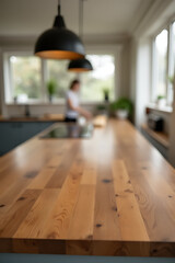 Poster - A wooden counter island with a blurred table top is strategically positioned in a busy kitchen interior._00002_