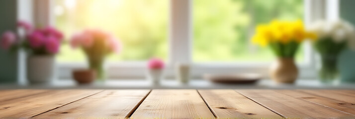 Aufkleber - A wood table top with a blurred window view of flowers is ideal for product displays and layouts._00003_