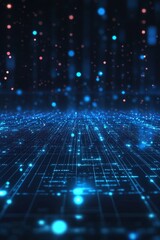 Aufkleber - Digital Landscape of Blue Glowing Particles and Grid Lines Creating a Futuristic Atmosphere in a Dark Setting