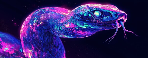 Poster - D snake, digital art, neon colors, glowing snake design, creative illustration on a dark background, captivating and modern representation of a serpent