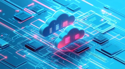 Aufkleber - Modern Digital Cloud Computing With Interconnected Circuits and Vibrant Neon Colors Showcasing Technological Advances in Data Management
