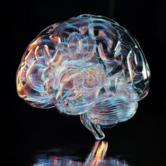 Poster - Intricate Glass Sculpture of a Brain Illuminated in Vibrant Colors Against a Dark Background Showcasing Detailed and Artistic Craftsmanship