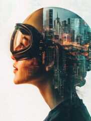 Aufkleber - Profile of a person in safety helmet and goggles against an abstract city backdrop with plenty of copy space. Generative AI