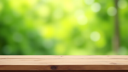 Aufkleber - A real wood table top with a blurred fresh green garden background is ideal for product displays and design visuals._00003_