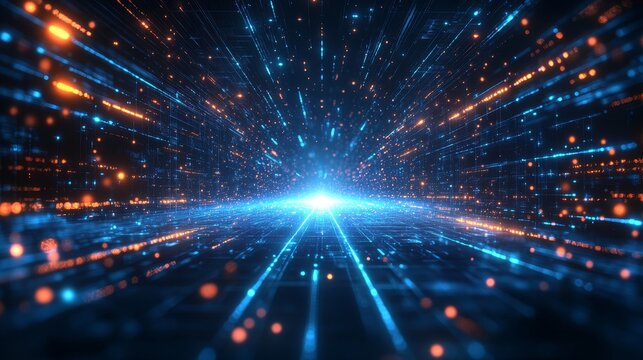 Light Beams Create an Illusion of Depth and Movement in a Futuristic Digital Landscape With Vibrant Blue and Orange Hues