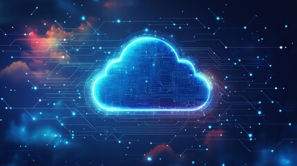 Fototapete - Digital Cloud With Glowing Circuits and Abstract Background Illustrating Technology and Data Storage in a Vibrant, Futuristic Setting
