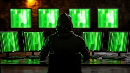 Poster - Hooded Hacker Working Multiple Green Screen Computers