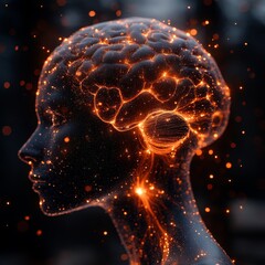 Poster - Conceptual Representation of Human Brain and Consciousness Illuminated With Sparks in Dark Surroundings at Night