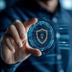 Aufkleber - Holding a Digital Shield Symbol Representing Cybersecurity in a Modern Office Space With Blue Lighting During a Professional Meeting