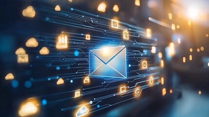 Futuristic Email Icon with Glowing Communication Network
