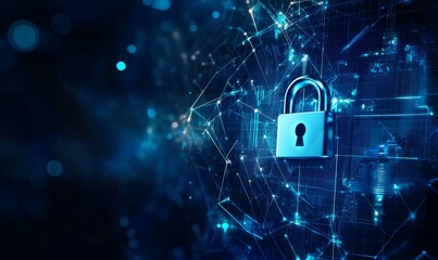 Aufkleber - Digital Padlock Symbolizing Cybersecurity Protection in a Futuristic Network Environment With Interconnected Data Points and Glowing Elements