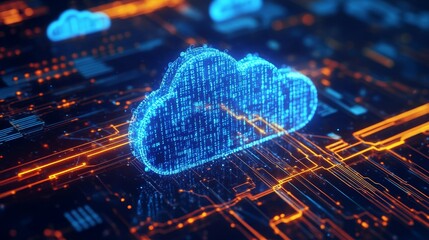 Aufkleber - Digital Cloud Computing Concept Showcasing Vibrant Neon Data Streams and Binary Code in a Futuristic Network