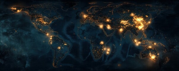 Poster - A world map illuminated with glowing points represents global connections, technology, communication, and the widespread spread of information today.