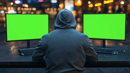 Poster - Hooded Figure Working on Dual Green Screen Monitors