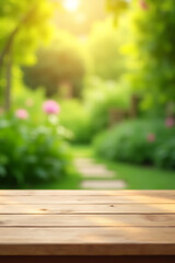 Aufkleber - A minimalist wooden table top is empty, contrasting with a blurred backdrop of lush greenery and warm sunlight in an abstract garden setting._00002_