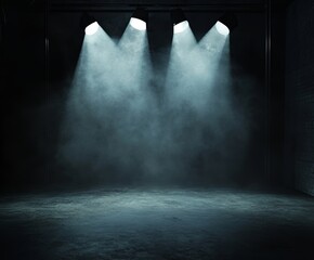 Poster - Bright Stage Lights Illuminate a Dark Space Filled With Smoke Creating a Dramatic Atmosphere for a Performance or Event