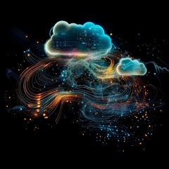 Aufkleber - Digital Representation of Cloud Computing With Vibrant Data Flow and Abstract Connections Over a Dark Background