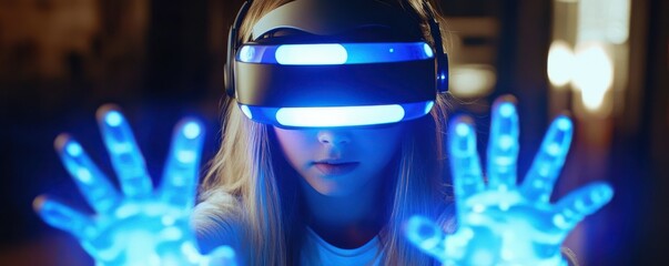 Aufkleber - a young girl explores virtual reality, technology innovation in gaming, immersive experience with bl