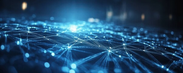 Poster - Dark blue background with white futuristic technology and digital connection lines, banner design for website header
