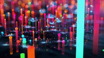Poster - Colorful particles are flowing and connecting in a big data visualization, representing the complex networks and information flow in cyberspace or a futuristic digital landscape