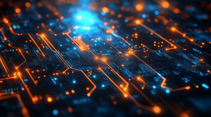 Poster - Vivid Circuitry Design With Glowing Orange and Blue Lights Creating a Futuristic Digital Landscape
