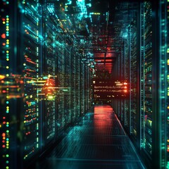 Aufkleber - Vibrant Data Center Corridor Illuminated by Colorful Lights Showcasing Advanced Technology in a Modern Computing Environment