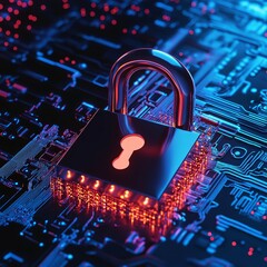 Aufkleber - Digital Padlock Securely Placed on a Circuit Board With Glowing Elements Illustrating Cyber Security and Data Protection in Modern Technology