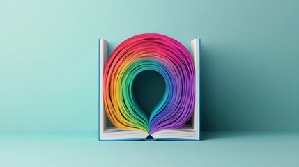 Poster - 3d Fantasy Neon Glowing, Surreal and Dreamlike, An artistic representation of an open book with colorful, swirling pages creating a mesmerizing rainbow effect.