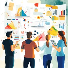 Aufkleber - Team Members Analyzing Data and Presenting Findings Using Colorful Graphs and Charts in a Modern Office Setting During a Collaborative Meeting