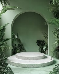 Poster - Green archway with pedestal and lush plants.