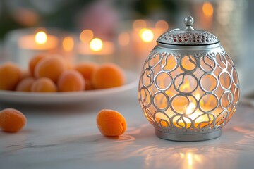 Poster - Decorative lamp, apricots on table.