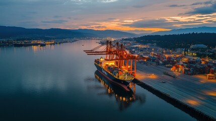 Poster - Cargo ship docked, containers, cranes. Evening sky, mountains backdrop.