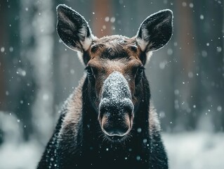 Aufkleber - Moose with snow on fur in winter forest portrait.