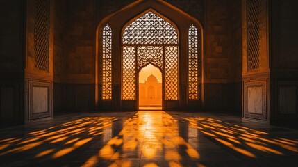 Poster - Interior view of an arched doorway with sunlit floor and a distant structure.
