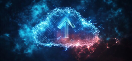 Aufkleber - Digital Cloud Symbol With Upward Arrow Against a Vibrant Cosmic Background Representing Data Transfer and Technology in a Modern Setting