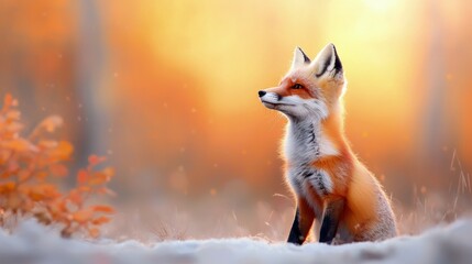 Sticker - Red fox sitting in snowy forest at sunset.