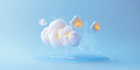 Poster - Digital Representation of Clouds With Glowing Elements and Data Visuals in a Bright Blue Environment Capturing Modern Technology Concepts