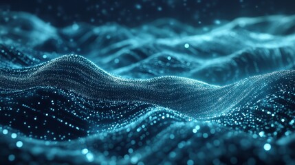 Poster - Digital Waves of Light Resembling a Flowing Ocean, Created With Advanced Technology, Conveying a Sense of Depth and Movement in a Darkened Environment