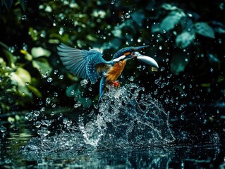 Aufkleber - Kingfisher flies from water with caught fish, splashing water.
