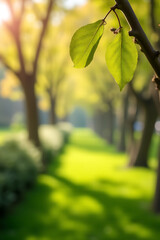 Poster - A blurred bokeh effect features a lush tree garden in a serene morning backdrop of vibrant spring or summer colors._00003_